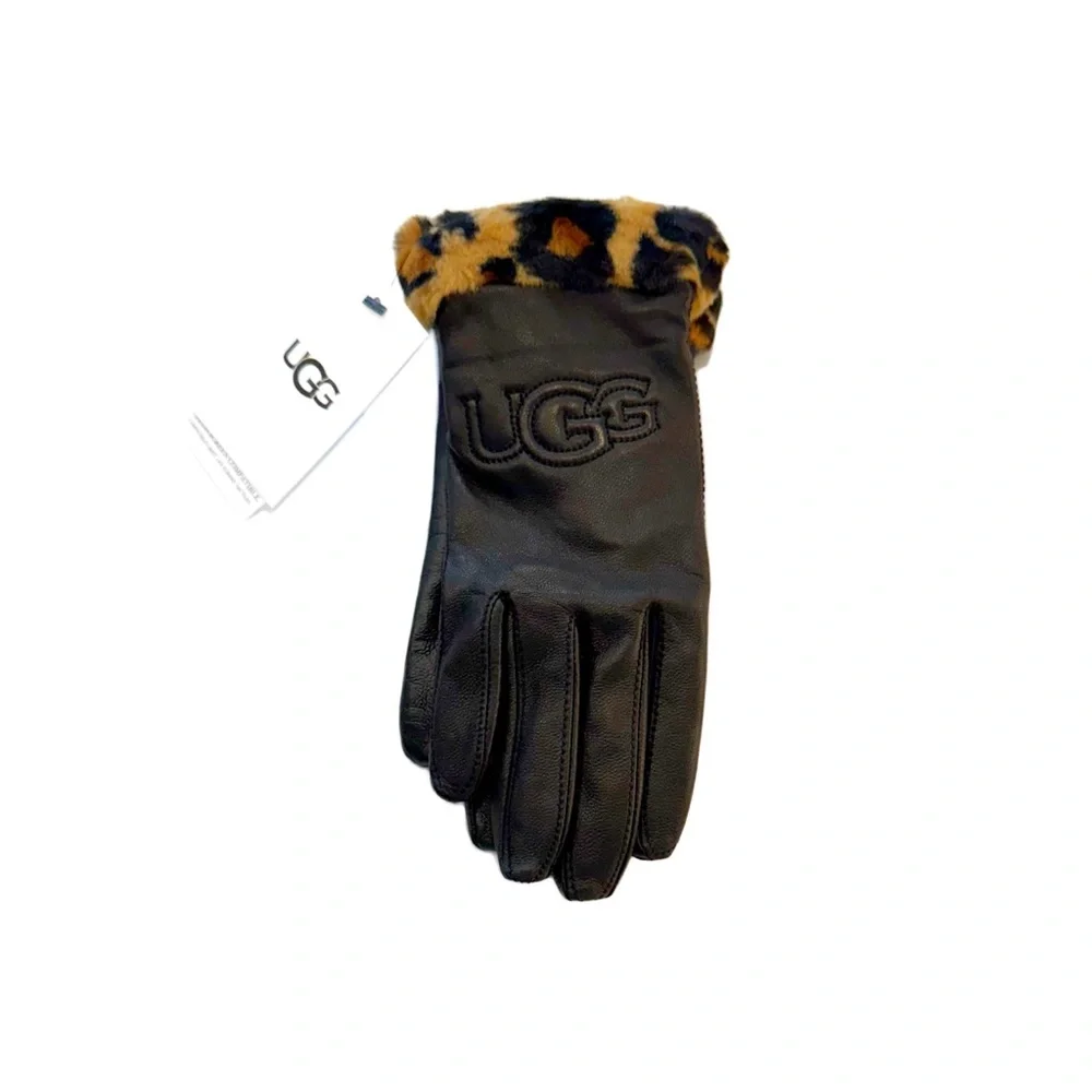 UGG Black Logo Leopard Cuffs Leather Gloves NWT